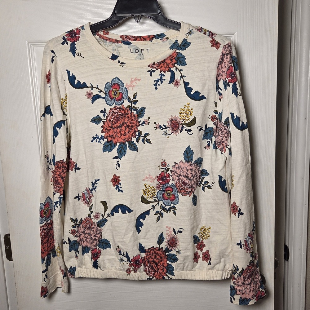 Loft sz L ivory floral shirt 100% cotton casual boho garden lightweight